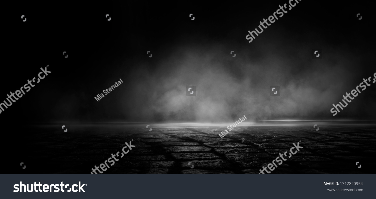 Wet asphalt, reflection of neon lights, a searchlight, smoke. Abstract light in a dark empty street with smoke, smog. Dark background scene of empty street, night view, night city. #1312820954