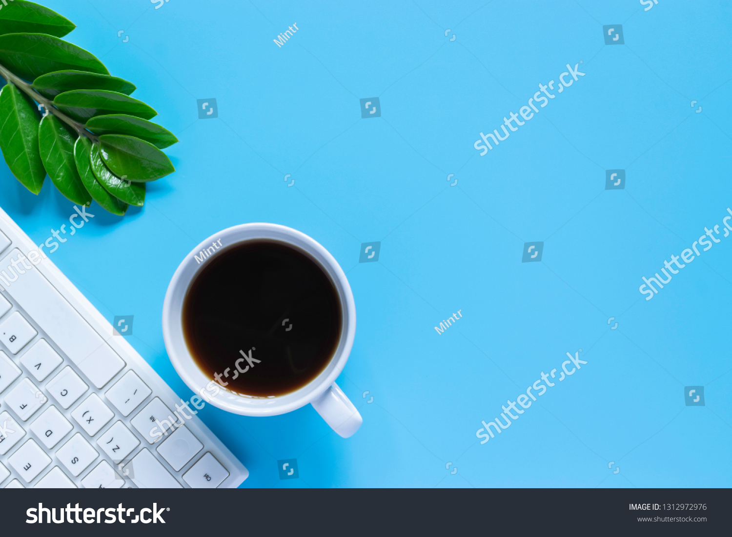 Top view keyboard,notebook,pen, or object for office supply concept on blue background. #1312972976