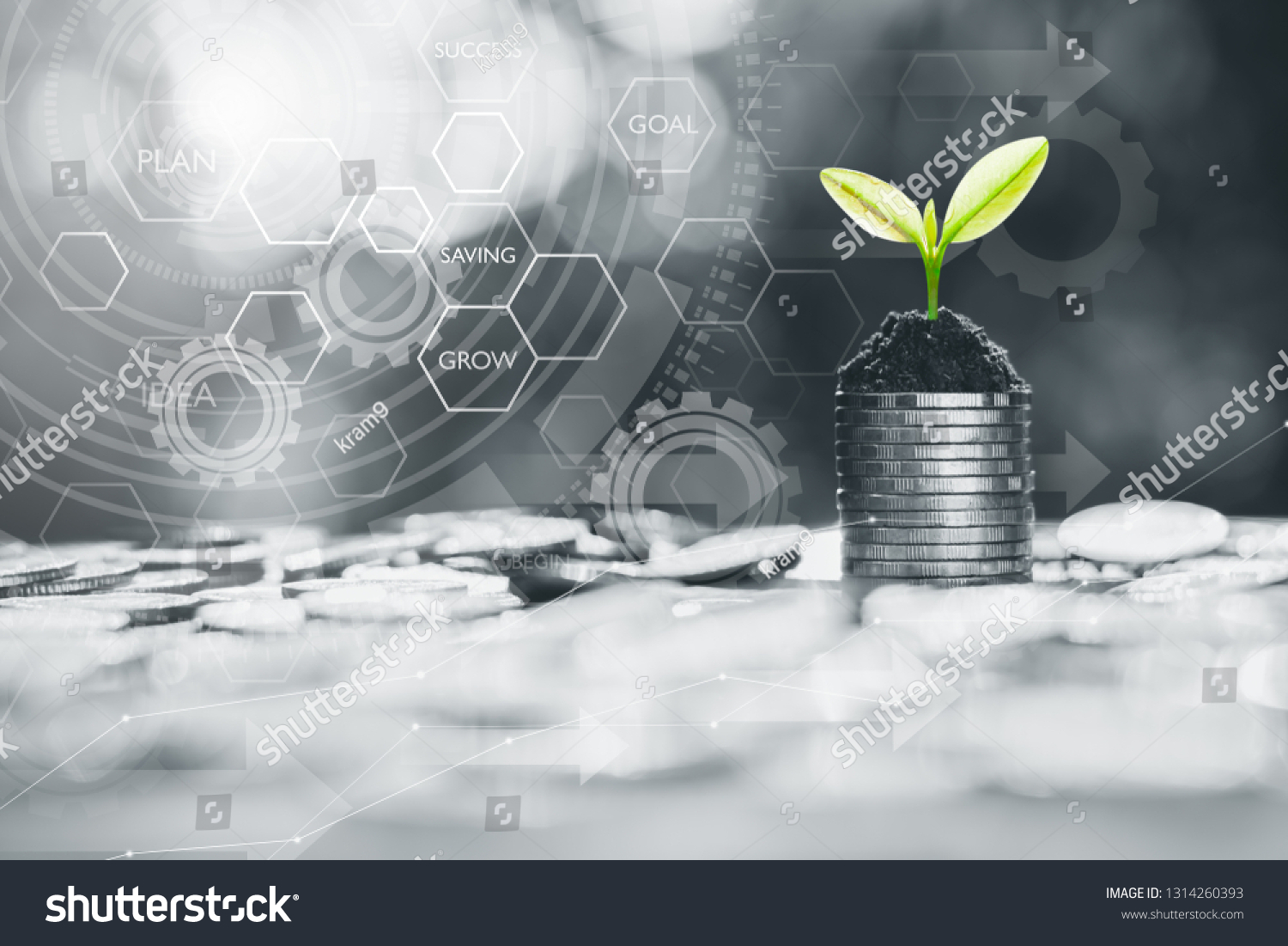 The coins are stacked together and the seedlings are growing on top of the icon technology about the financial growth around. #1314260393