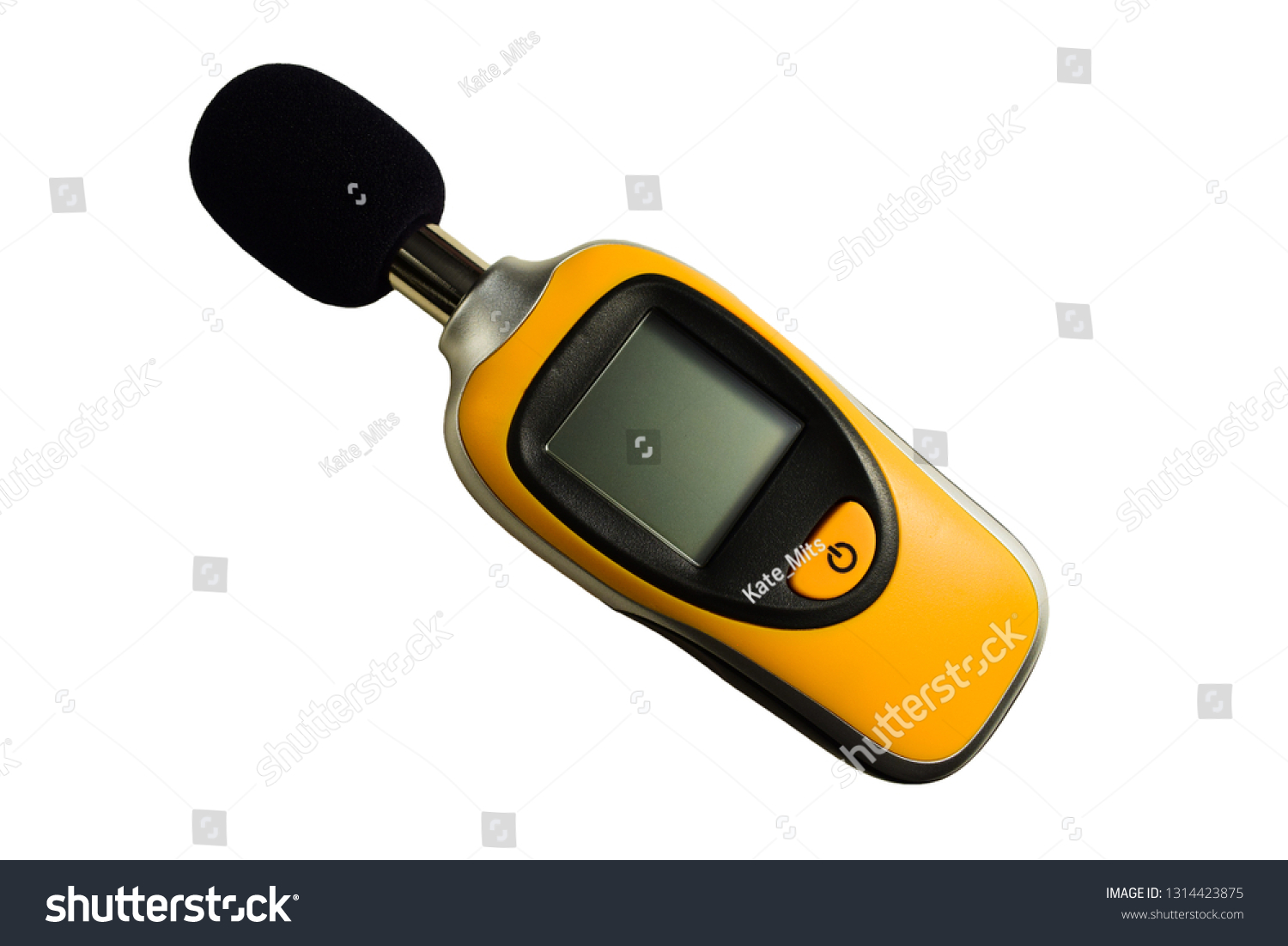 Isolated yellow sound meter on white background. Commonly used in noise pollution studies, used for acoustic (sound that travels through air) measurements. #1314423875