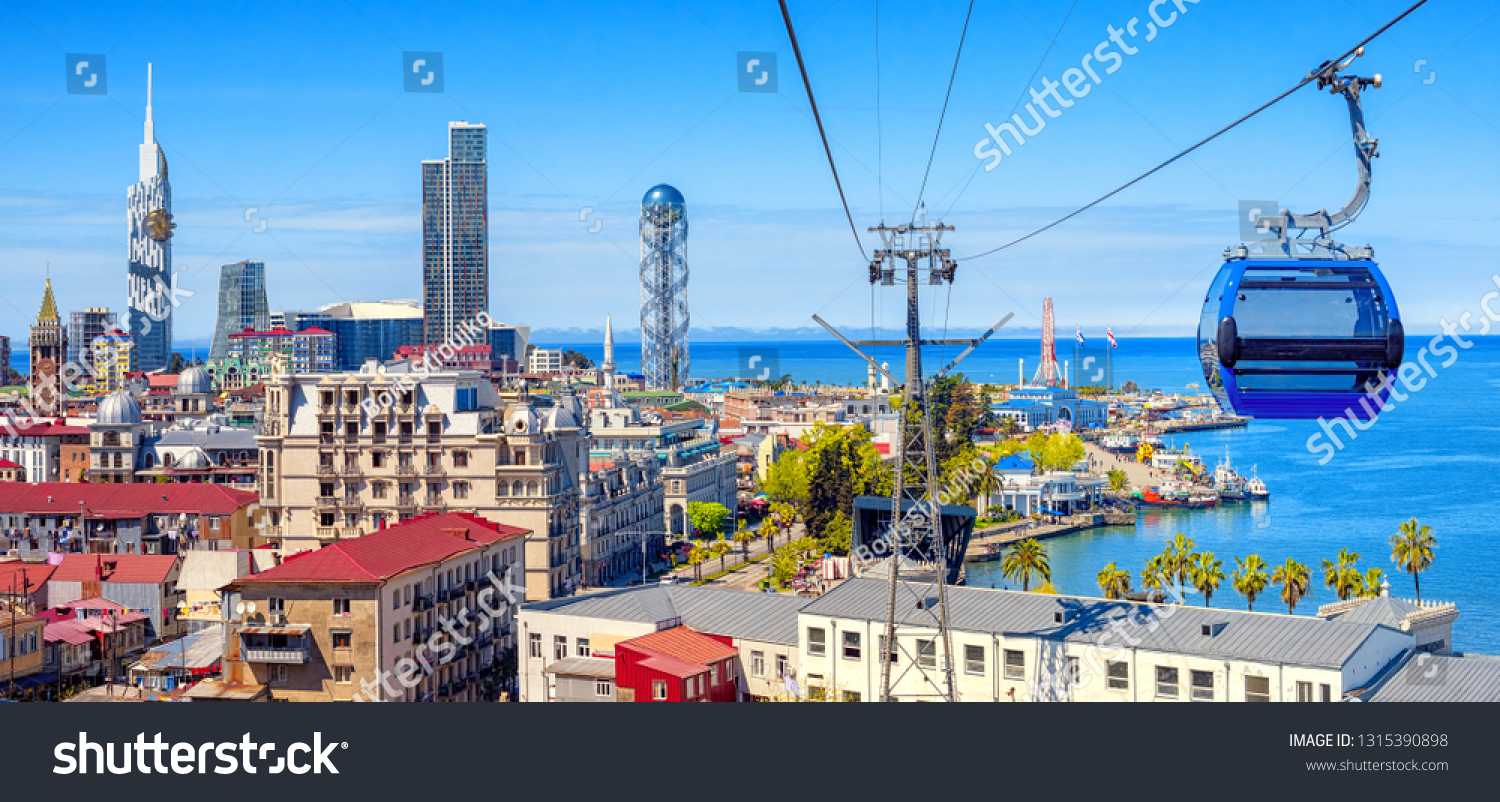 Batumi city, Georgia, panoramic view of the Old town, skyline and port from a cable car cabin #1315390898