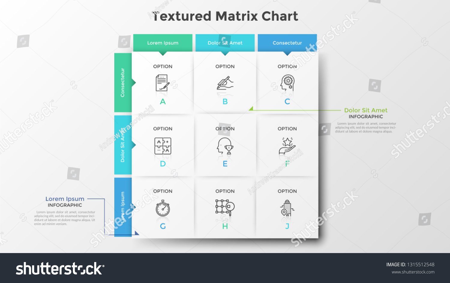 Square matrix chart or table. Nine paper white rectangular elements with thin line icons and letters inside, text boxes. Clean infographic design template. Vector illustration for presentation. #1315512548