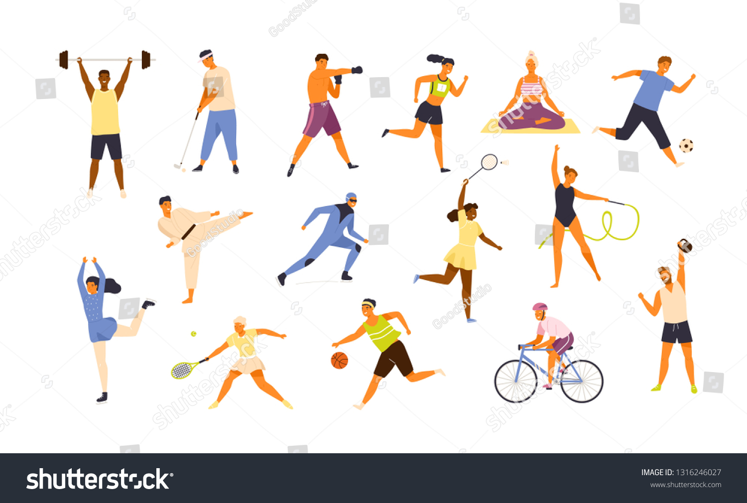 Collection of cute funny men and women performing various sports activities. Bundle of happy training or exercising people isolated on white background. Vector illustration in flat cartoon style. #1316246027