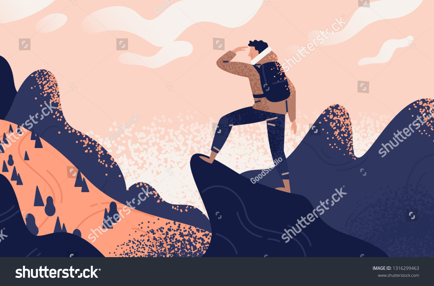 Man with backpack, traveller or explorer standing on top of mountain or cliff and looking on valley. Concept of discovery, exploration, hiking, adventure tourism and travel. Flat vector illustration. #1316299463