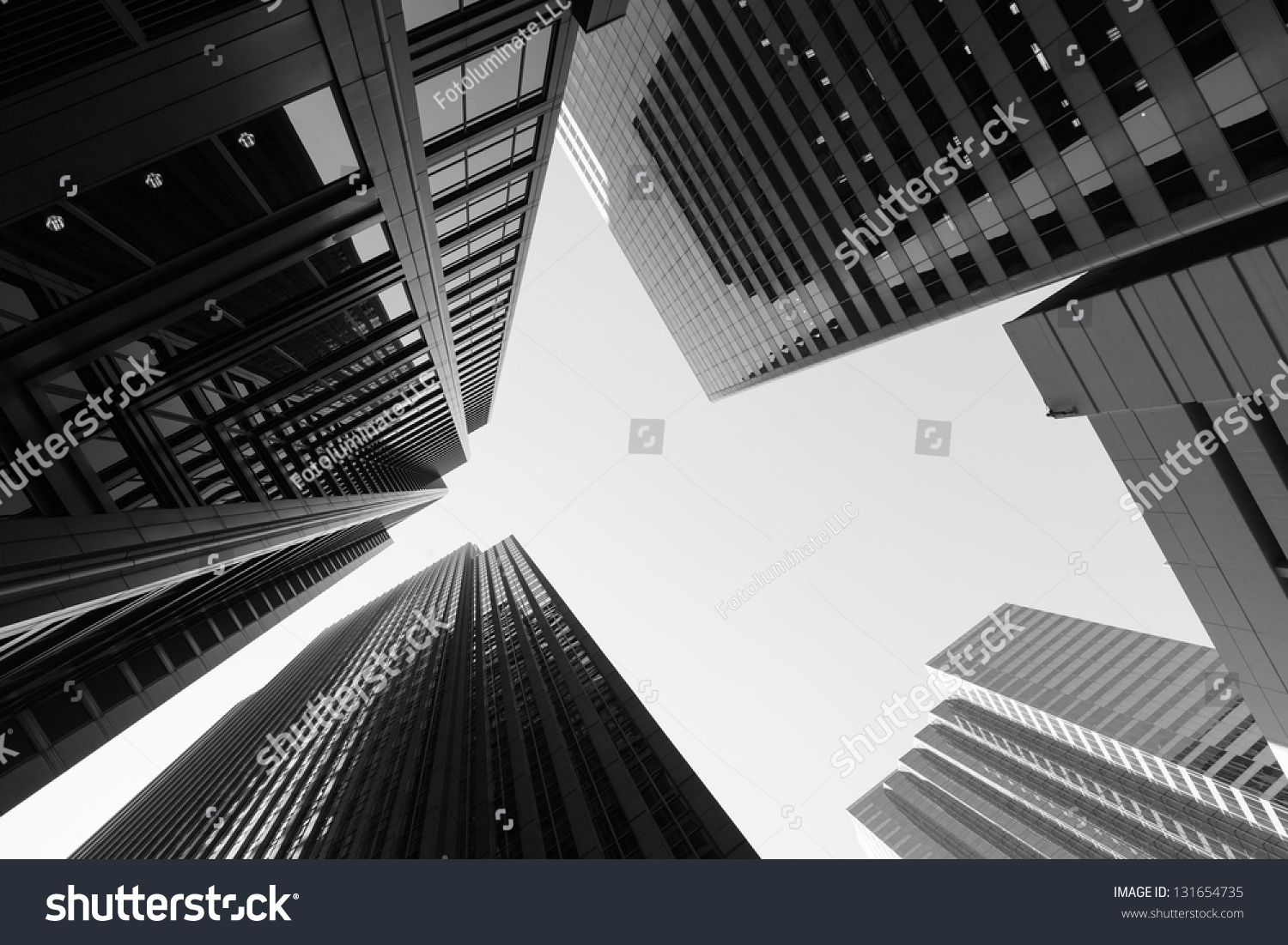 Black and white abstract upward view of downtown skyscrapers. #131654735