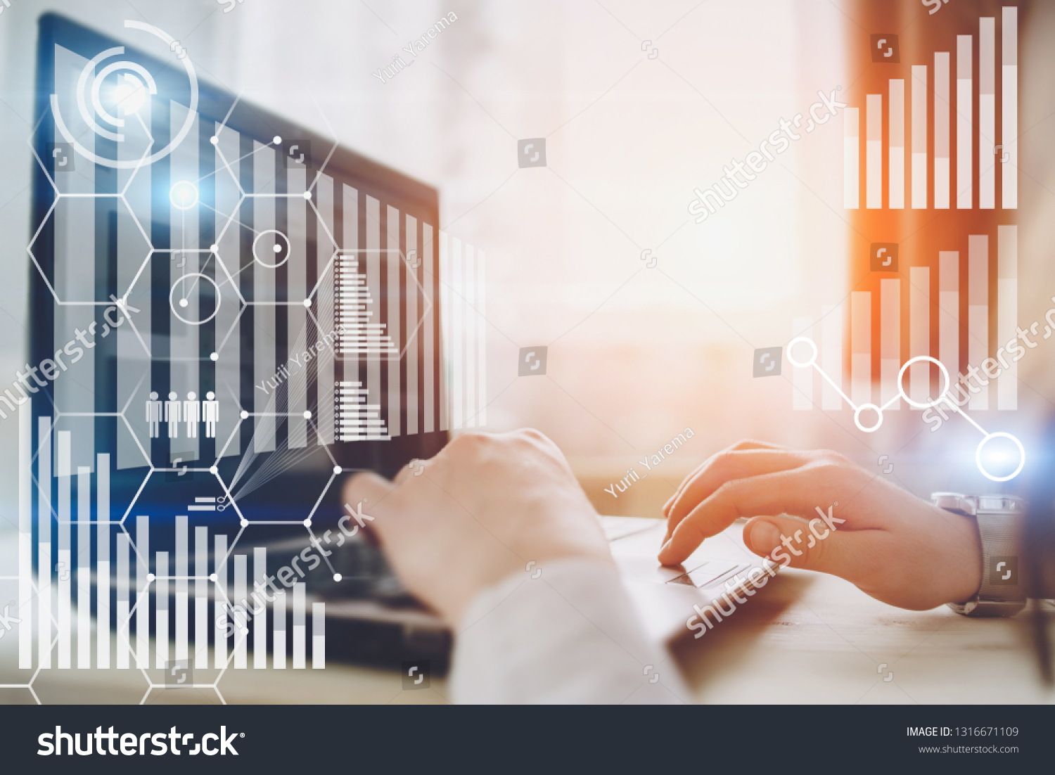 Woman hands typing on dock keyboard contemporary electronic tablet. Concept of virtual diagram,graph interfaces,digital display,connections,statistics icons. New ideas with innovation and creativity #1316671109