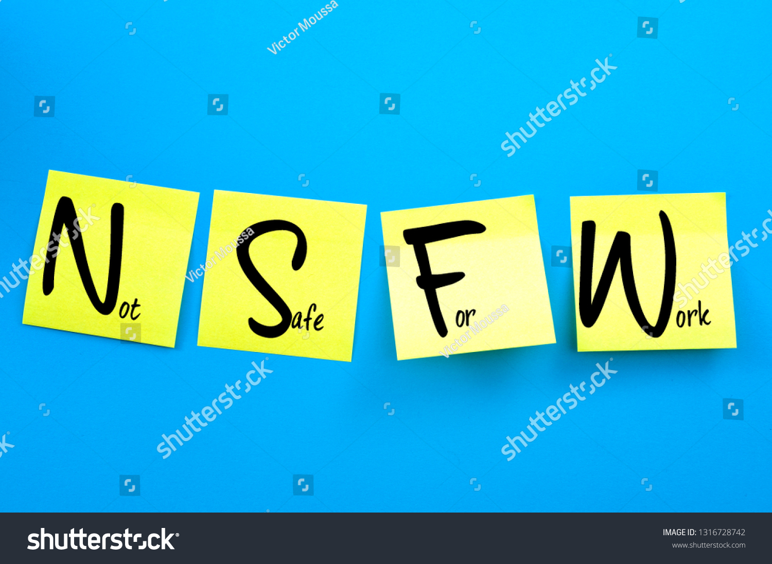 Internet slang, not safe for work or not suitable for workplace concept theme with yellow adhesive stickers spelling out the acronym NSFW attached to a blue background message board #1316728742