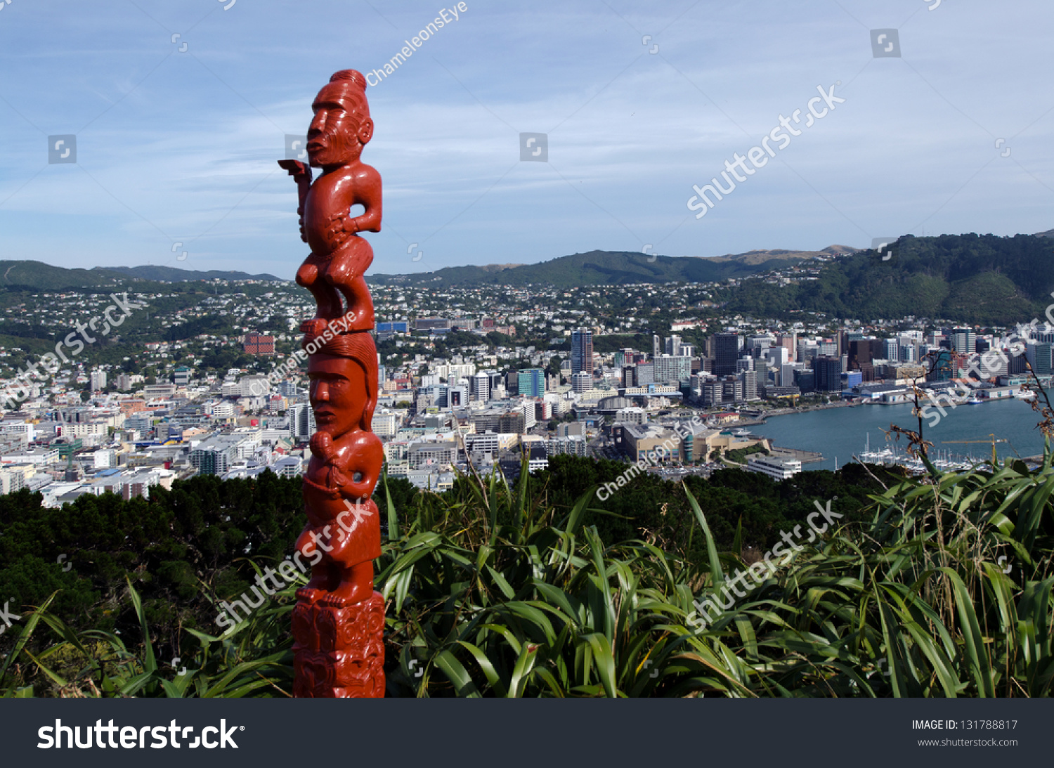 An ancient Maori sculpture of man and a woman mad out of wood on top of Mt Victoria in Wellington, New Zealand. #131788817