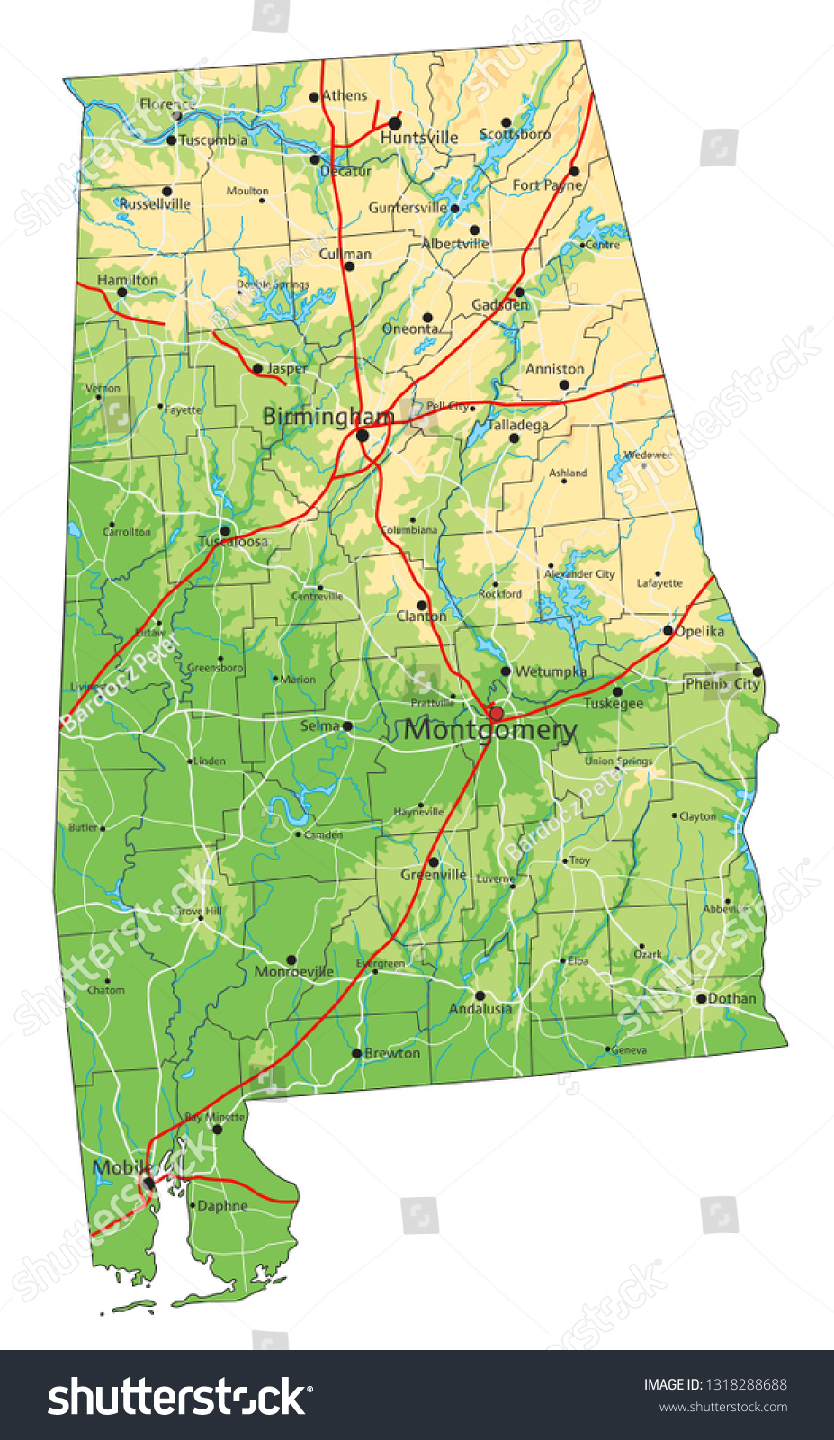 High Detailed Alabama Physical Map With Labeling Royalty Free Stock 8441