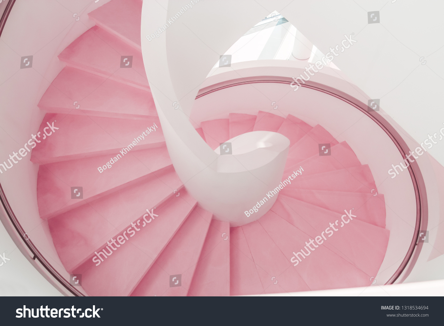 Pink coral modern spiral staircase descent #1318534694
