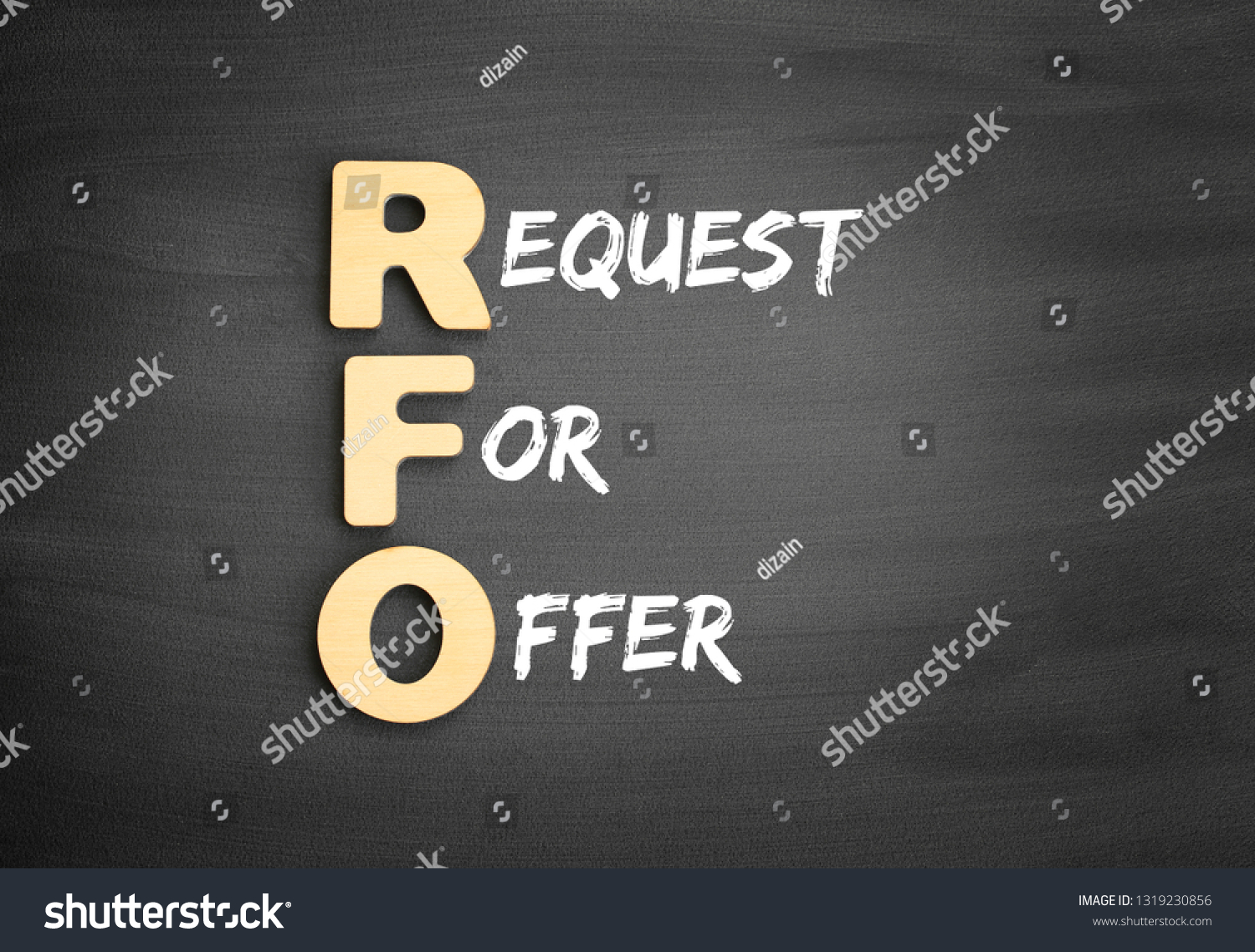Wooden alphabets building the word RFO - Request For Offer acronym on blackboard #1319230856