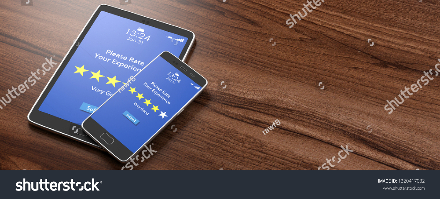 Customers feedback, rating, review. 4 stars, very good text on devices screens, wooden background, banner, copy space. 3d illustration #1320417032
