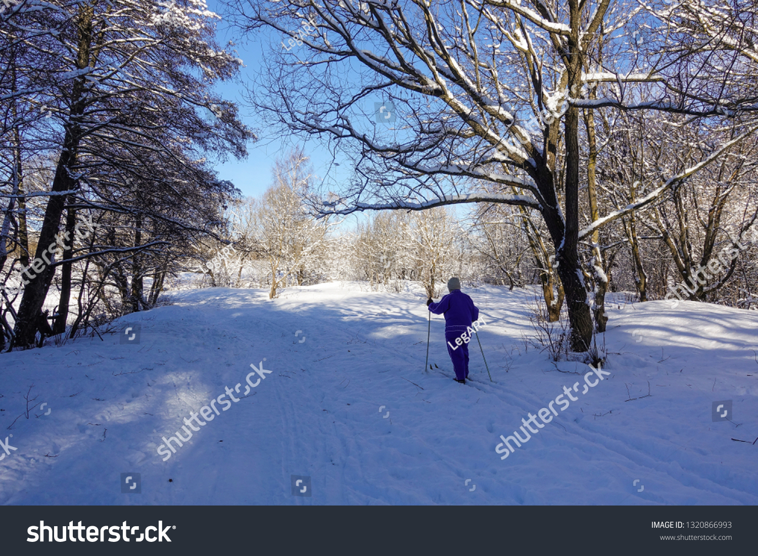 Skier in the winter forest. Ski walk. Beautiful winter day. #1320866993