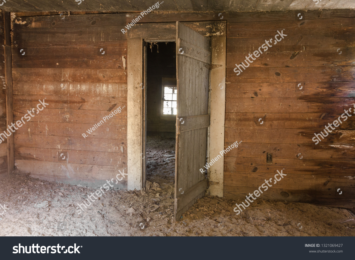 Abandoned farmhouse with wood paneled wall and open grey door deep rural in the south #1321069427