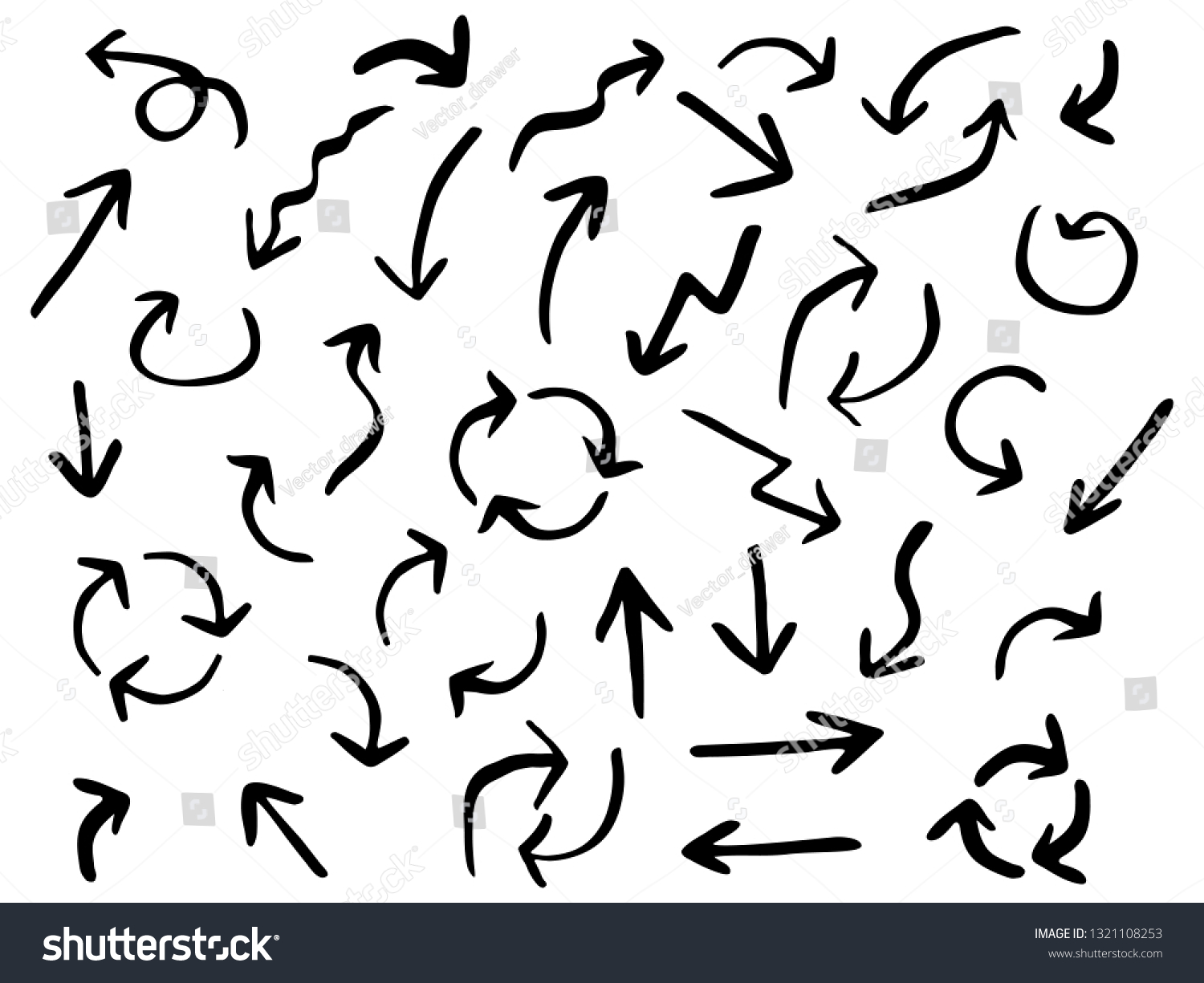 Isolated hand drawn set of black arrows on white background. Collection arrow design templates. Vector illustration. #1321108253