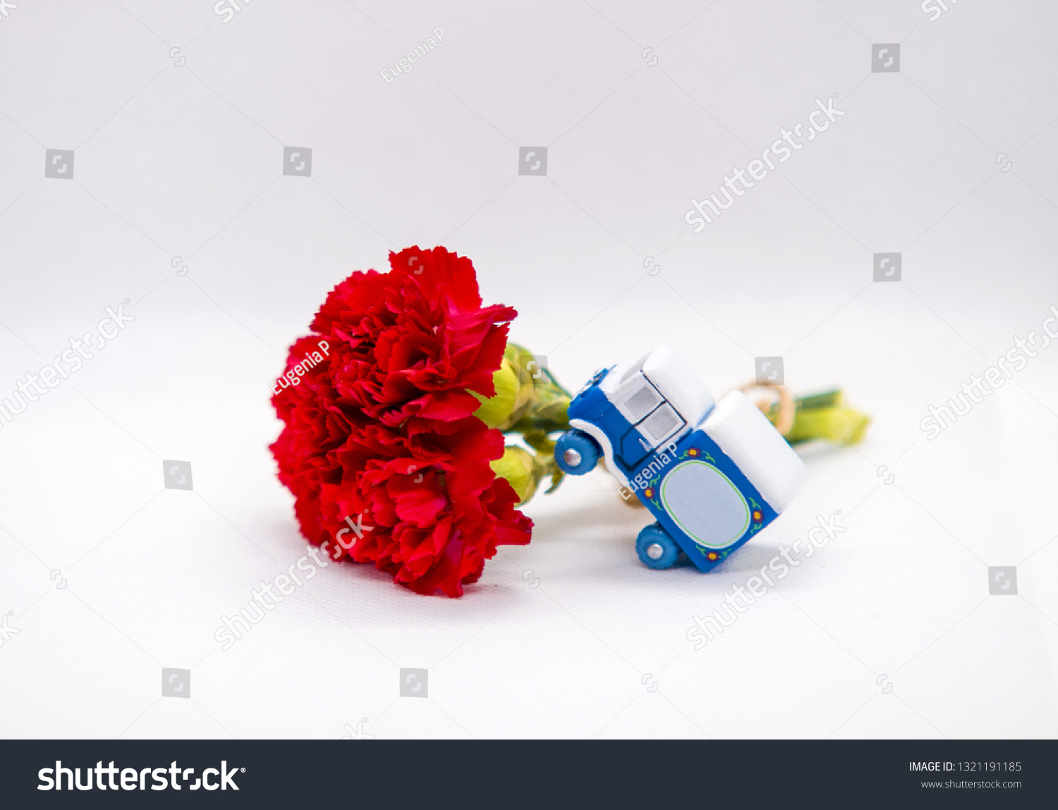 Background for postcards, greeting blue truck, red flower bouquet, red carnations, greetings birthday #1321191185