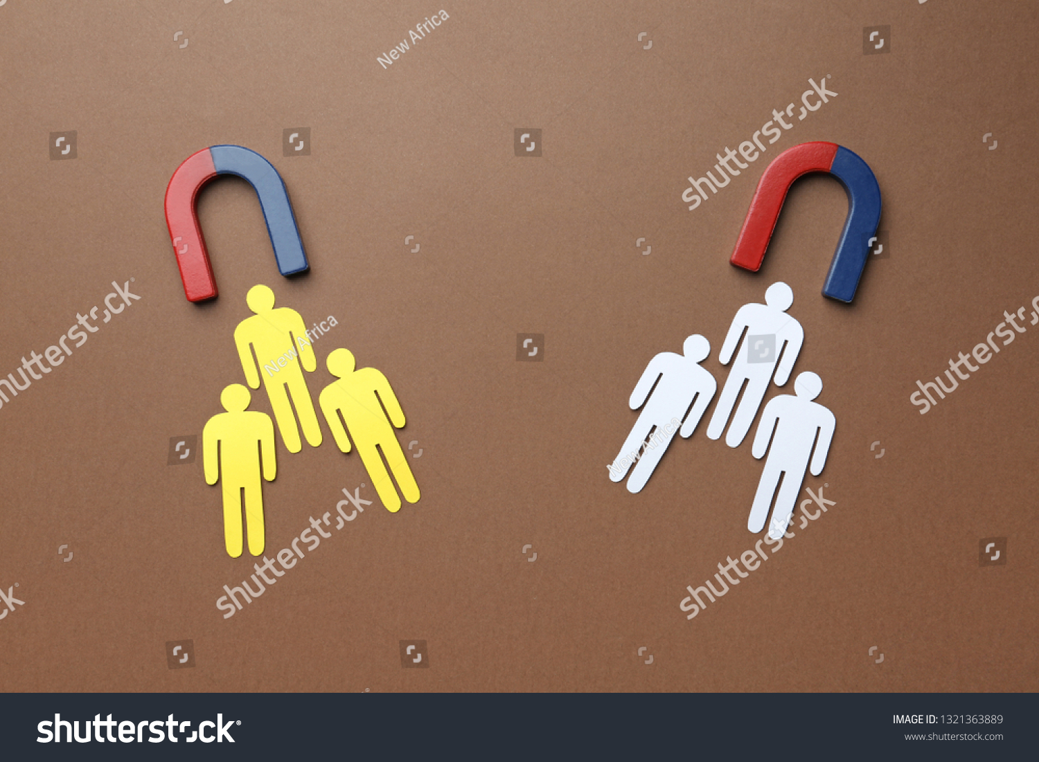 Magnets attracting paper people on color background, flat lay. Marketing concept #1321363889