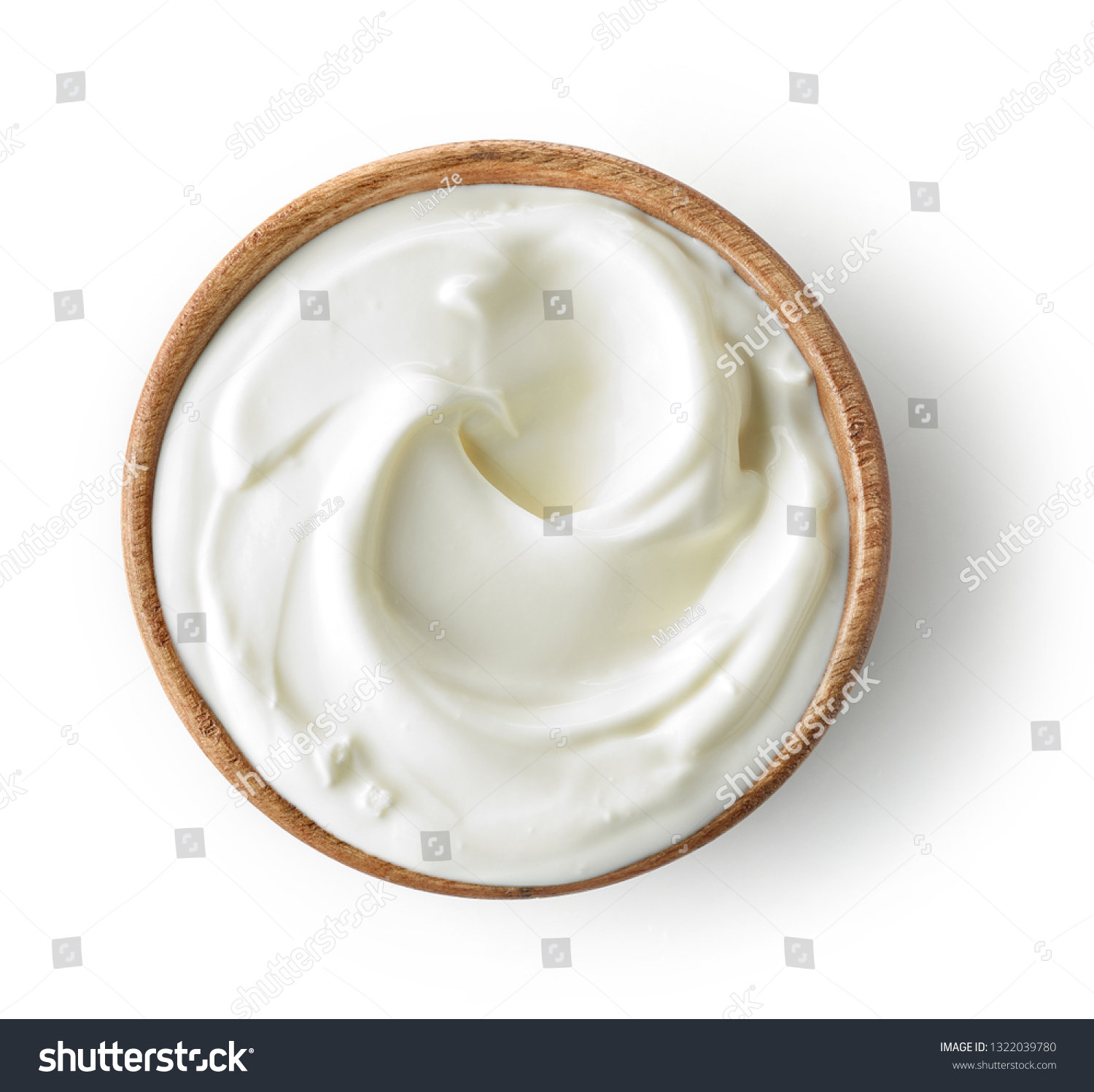 wooden bowl of sour cream or yogurt isolated on white background, top view #1322039780