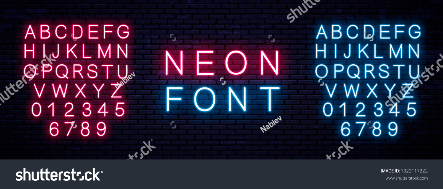 Neon capital Letters and numbers, blue and red. Glowing English font. Vector neon alphabet on wall background. #1322117222