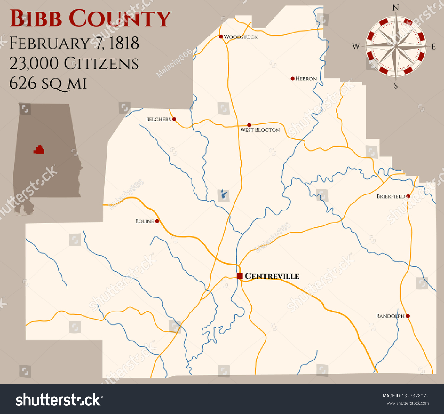 Large And Detailed Map Of Bibb County In Alabama - Royalty Free Stock ...