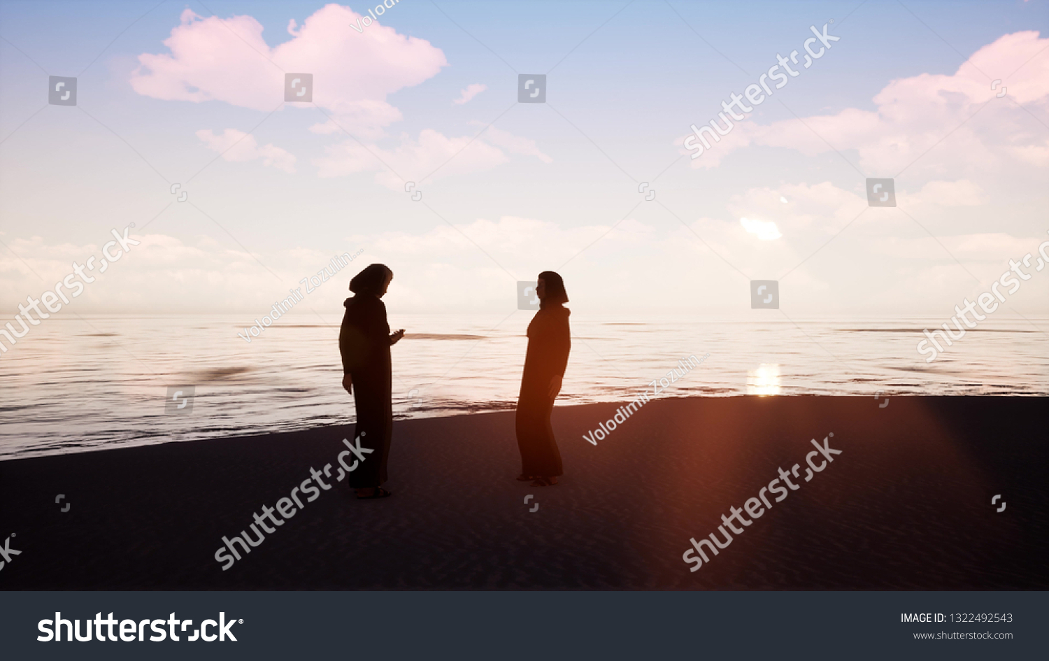 Two women in hijabs talking to each other by the ocean 3d render #1322492543