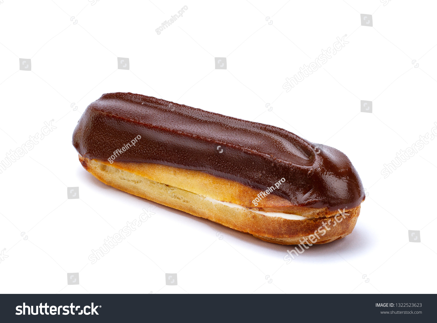 Traditional french dessert. Isolated eclair with custard and chocolate icing on white background. Pastry products for sweet tooth  #1322523623