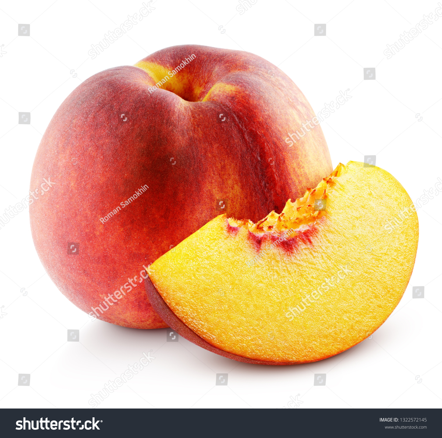 Ripe whole peach fruit with slice isolated on white background with clipping path. Full depth of field. #1322572145