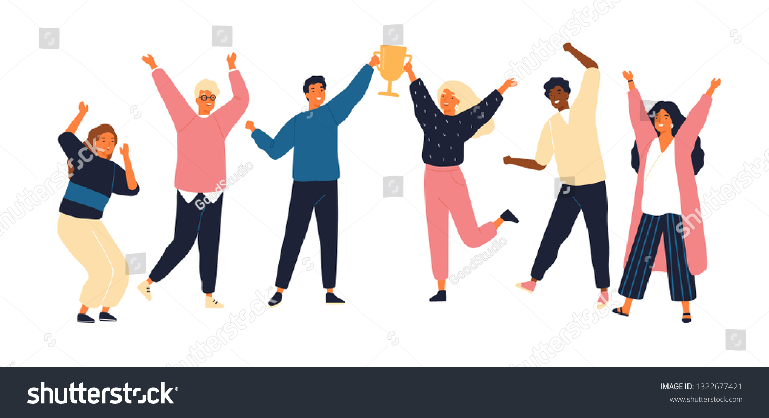 Group of young joyful people with champion cup isolated on white background. Happy positive men and women celebrating victory and rejoicing together. Successful teamwork. Flat vector illustration. #1322677421