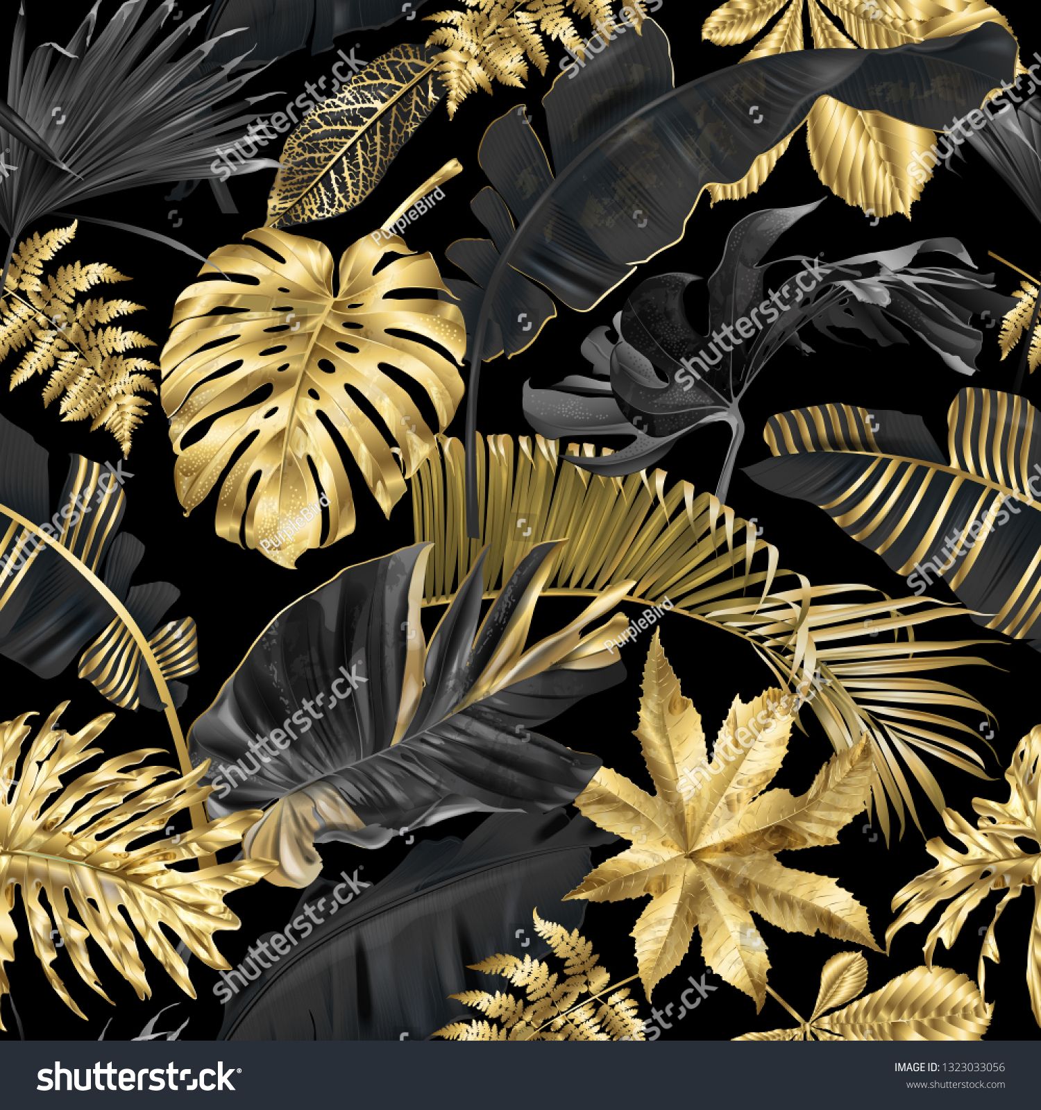 Vector seamless pattern with gold and black tropical leaves on dark background. Exotic botanical background design for cosmetics, spa, textile, hawaiian style shirt. Best as wrapping paper, wallpaper #1323033056