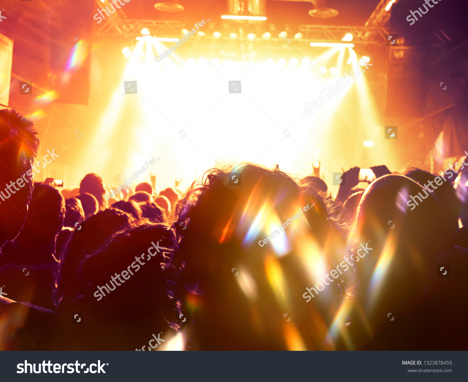 Concert spectators in front of a bright stage with live music #1323878459