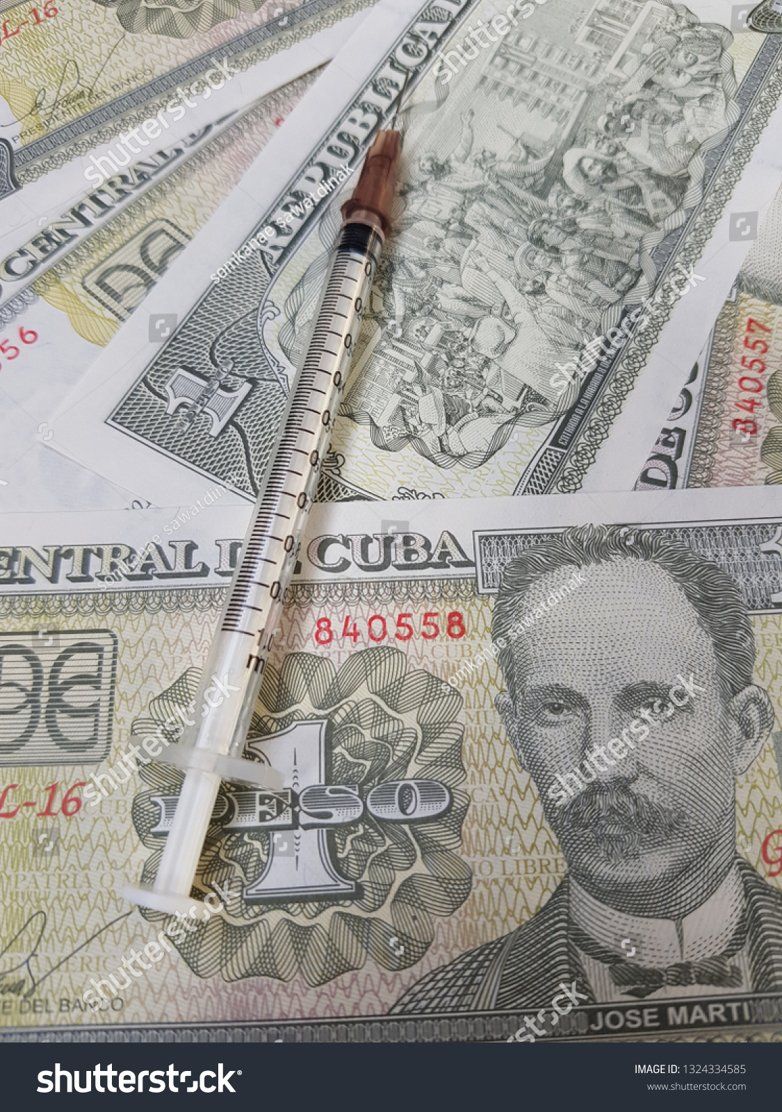 Syringe placed on Cuba banknotes.Use for website/banner background, backdrop, montage menu #1324334585