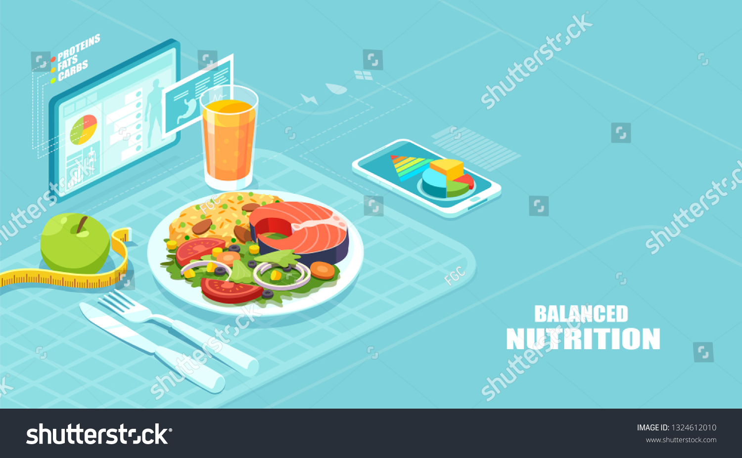 Healthy balanced diet and weight loss program concept. Isometric vector of a nutrition app showing nutrition facts and assisting in calories count of a meal  #1324612010