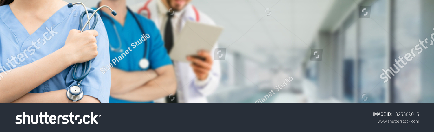 Healthcare people group. Professional doctor working in hospital office or clinic with other doctors, nurse and surgeon. Medical technology research institute and doctor staff service concept. #1325309015