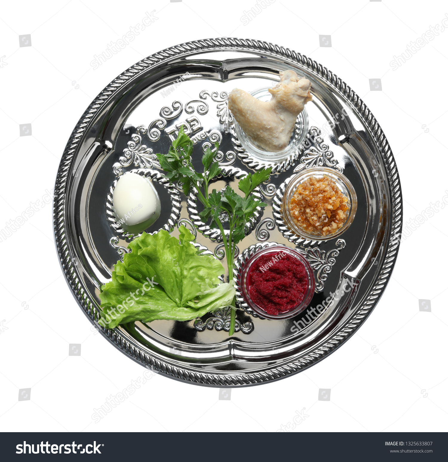 Traditional silver plate with symbolic meal for Passover (Pesach) Seder on white background, top view #1325633807