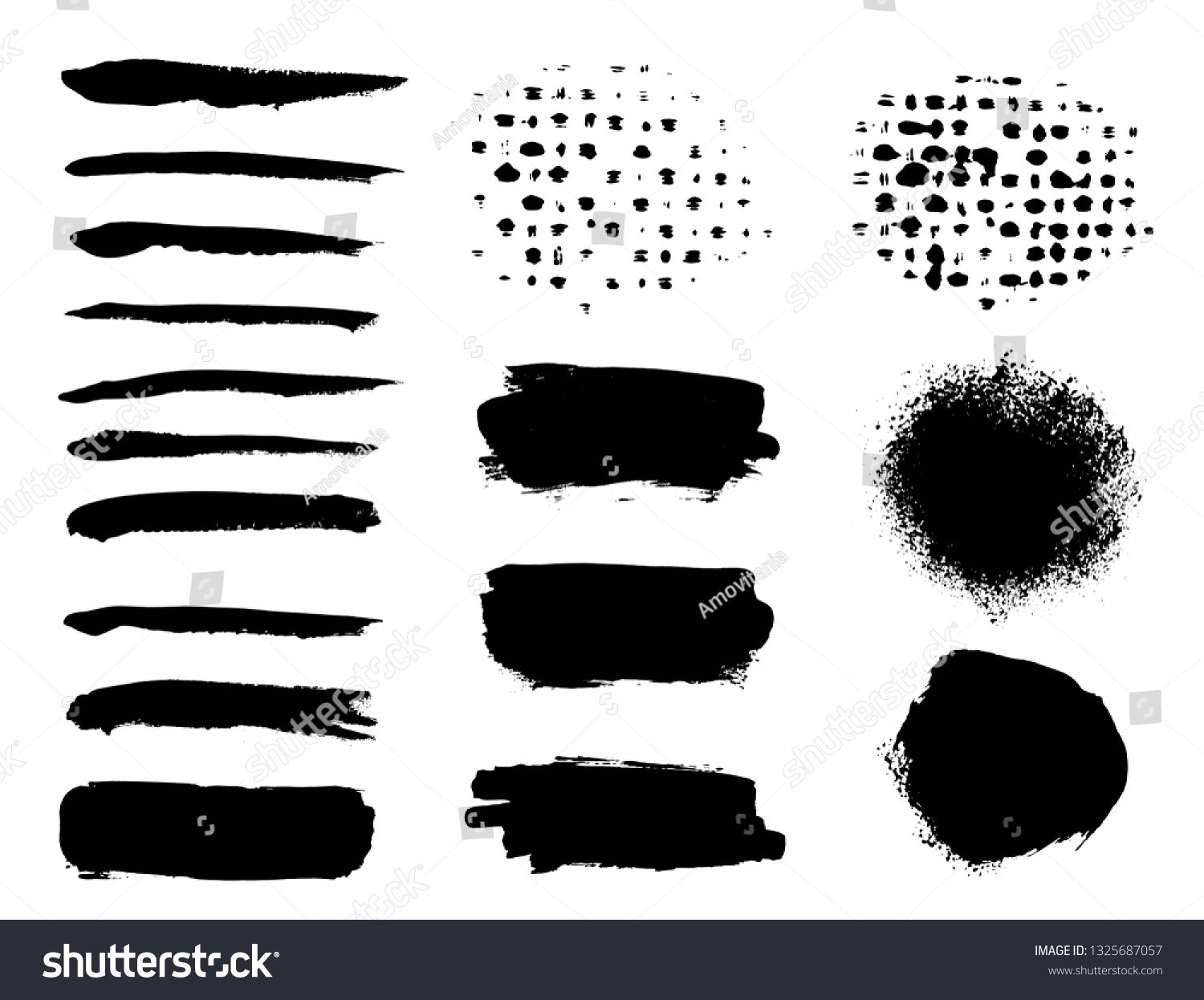 Brush strokes. Vector paintbrush set. Round grunge design elements. Long text boxes. Dirty texture banners. Ink splatters. Painted objects. #1325687057