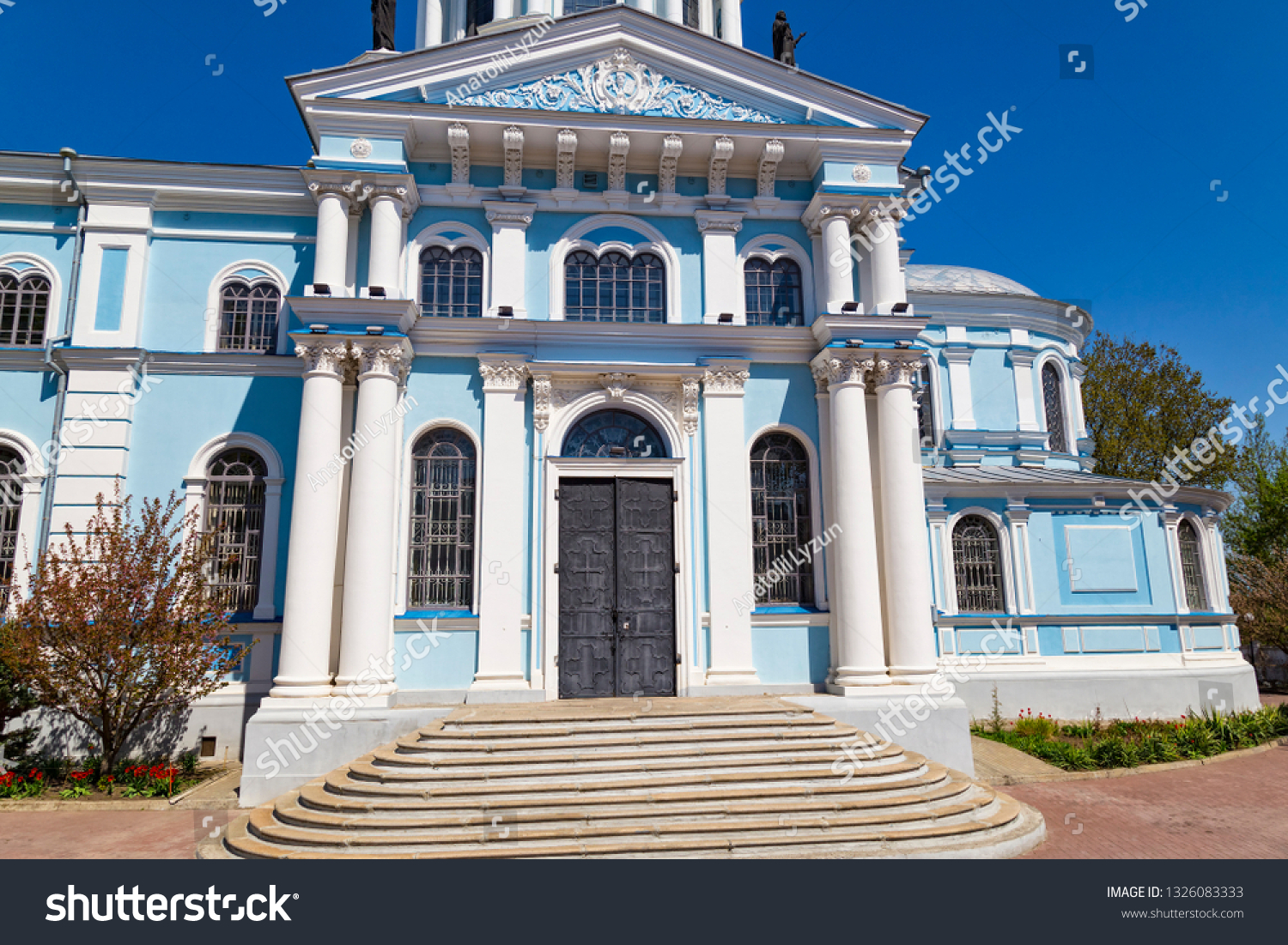 Ancient Savior Transfiguration Cathedral outside at bright sunny day ,  general view. City Sumy, Ukraine, Europe.Tourist destination, tourism, travel, tourism attraction #1326083333