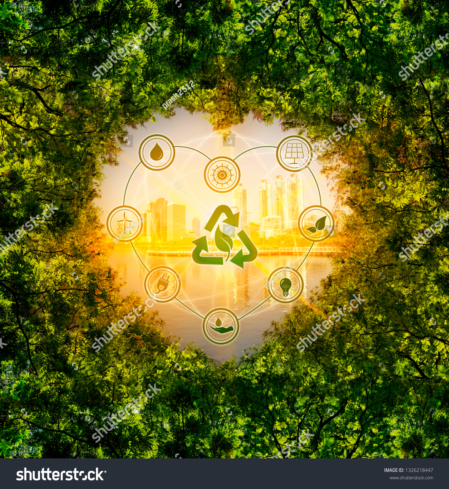 Leaves, background, city, heart shape with icons, concept of nature conservation and energy saving technology #1326218447