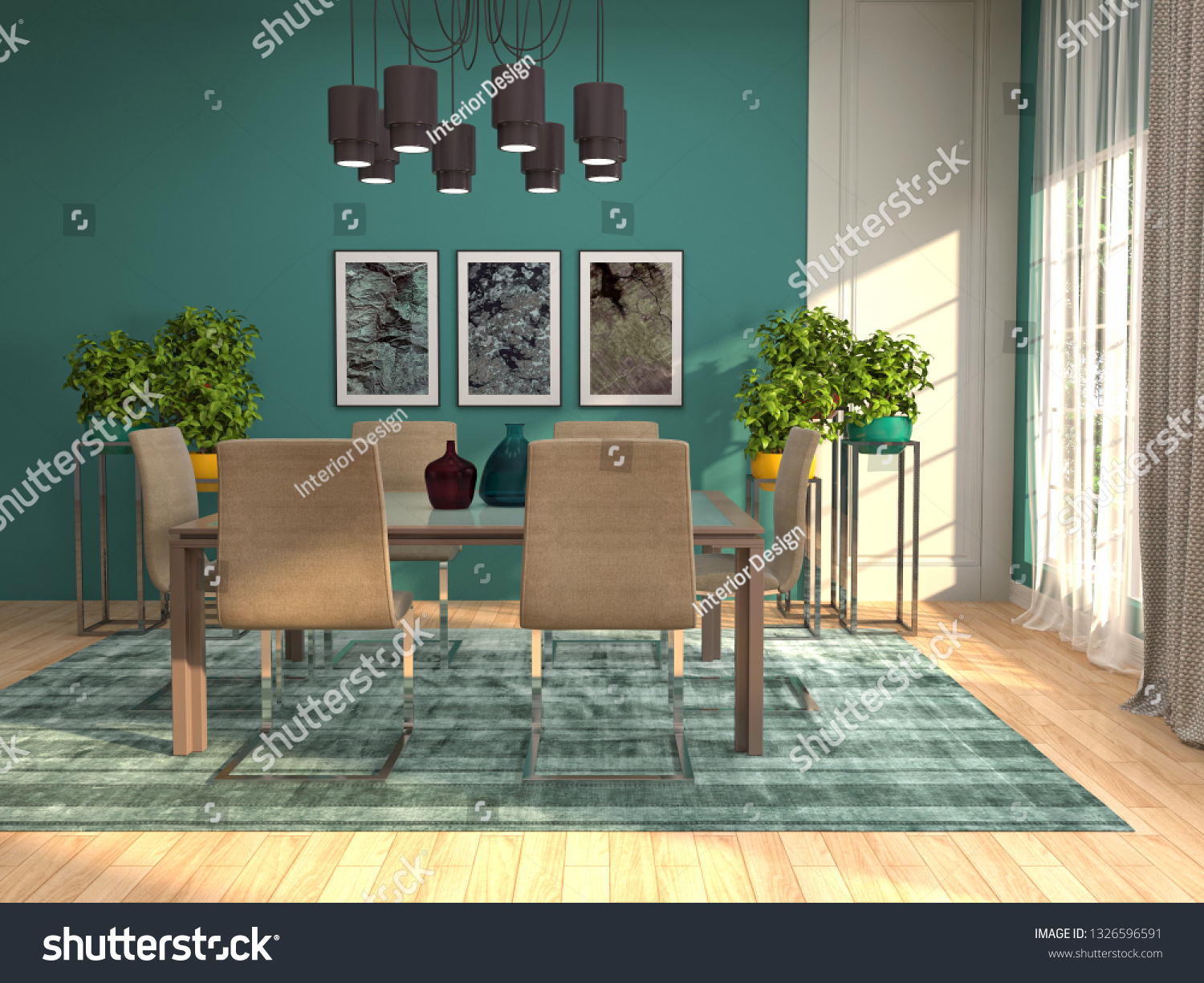 Interior dining area. 3d illustration #1326596591