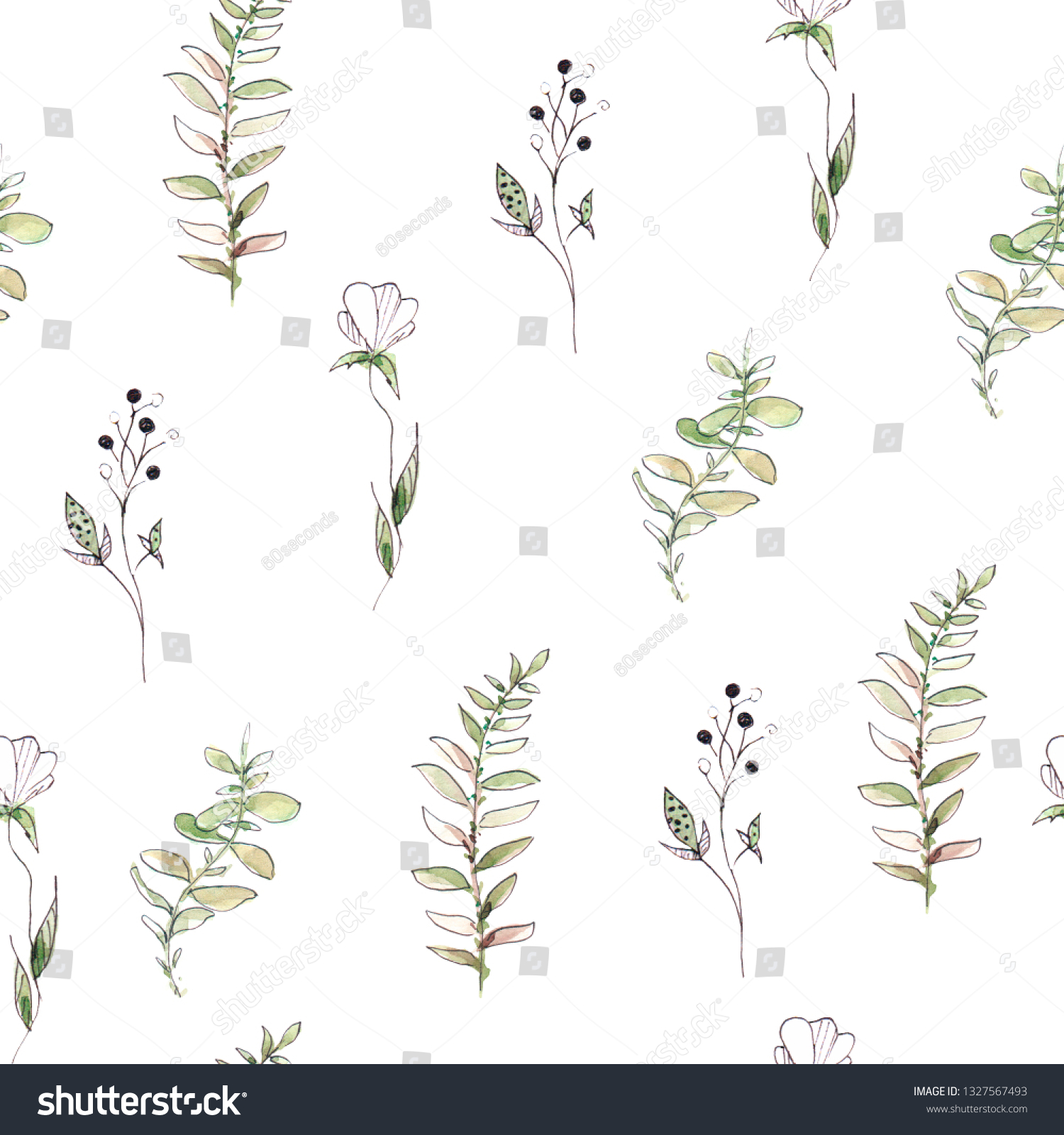 Hand drawing watercolor spring pattern of  leaves and branches. illustration isolated on white #1327567493