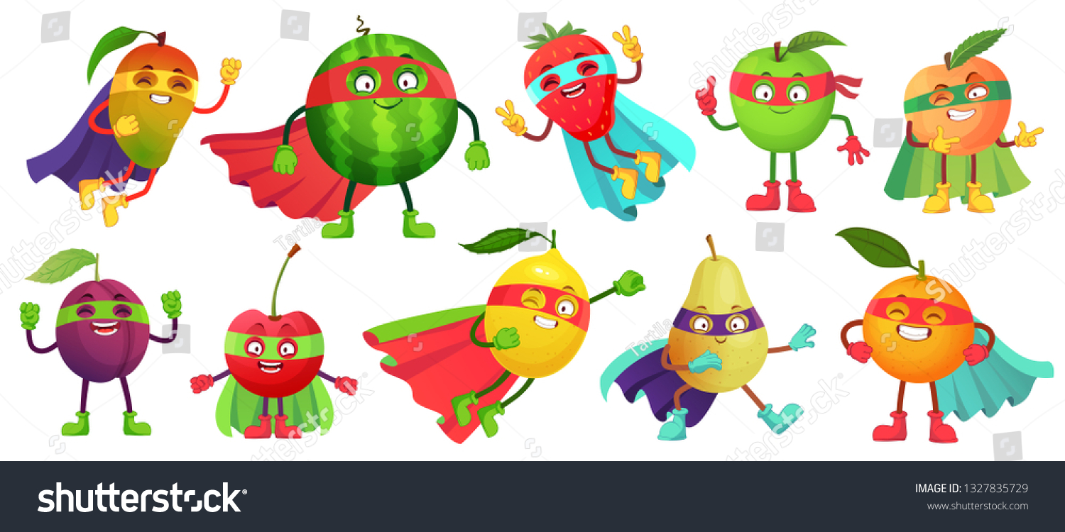 Superhero fruit. Super apple, berry and orange in hero cloak costume. Garden superheroes healthy food. Fruit hero characters, fresh fruits cartoon vector illustration isolated icons set #1327835729