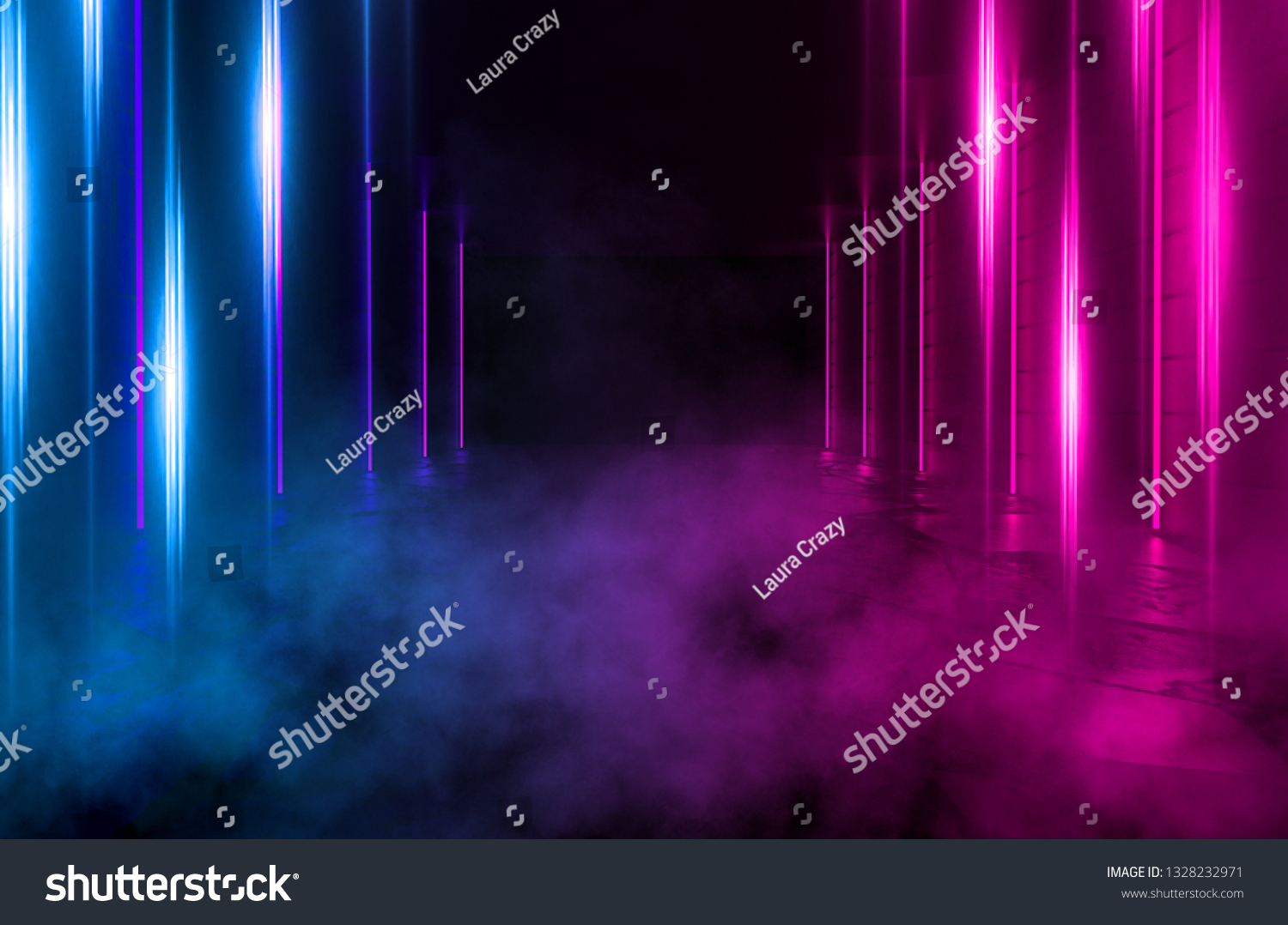 Background of an empty room with brick walls and neon lights, laser lines and multi-colored smoke #1328232971