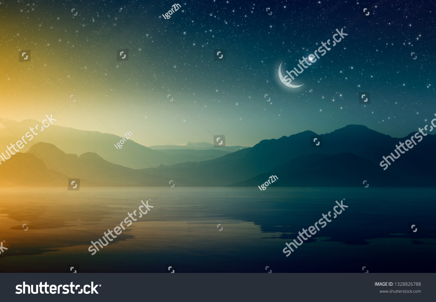 Ramadan Kareem background, rising crescent and stars above mountains and serene sea. Elements of this image furnished by NASA #1328826788