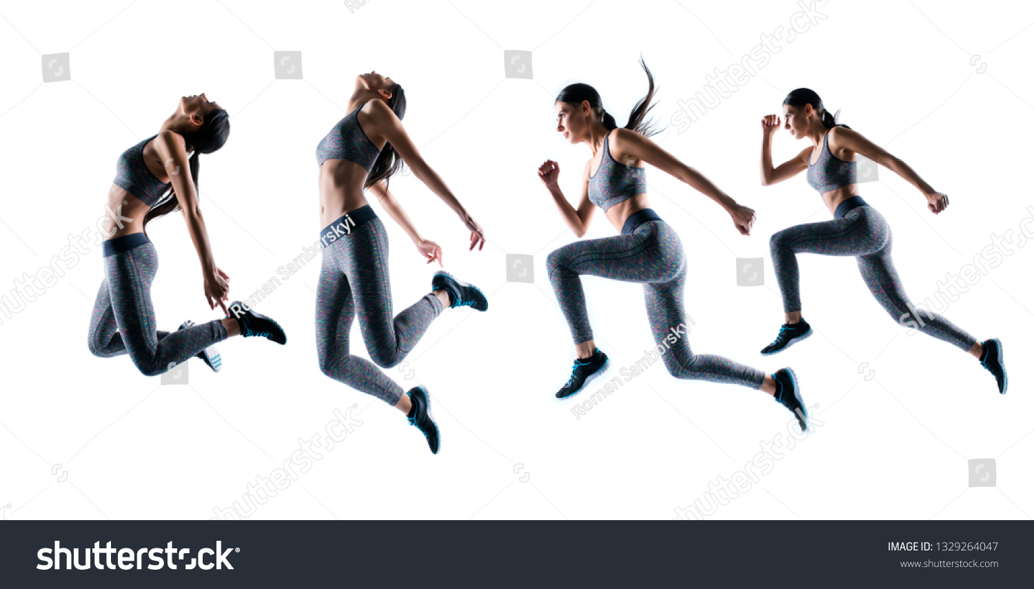 Concept endurance strength persistence sport. Full length full size portrait she her beautiful sporty energetic active purposeful sportswoman running jumping isolated white background #1329264047