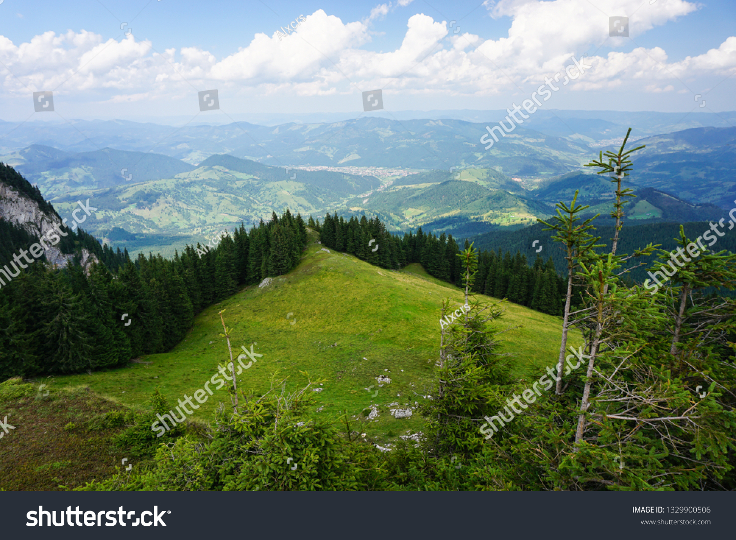 Green mountains in Romania - Rarau Mountains - Campulung Moldovenesc depression valley on a sunny day of summer  #1329900506