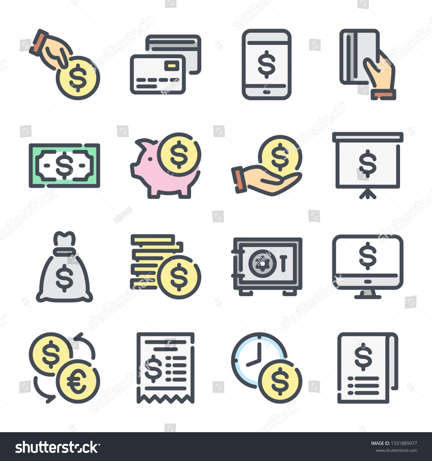 Money related color line icon set. Payment and finance colorful outline collection. Cash and dollar vector linear icons. #1331889977