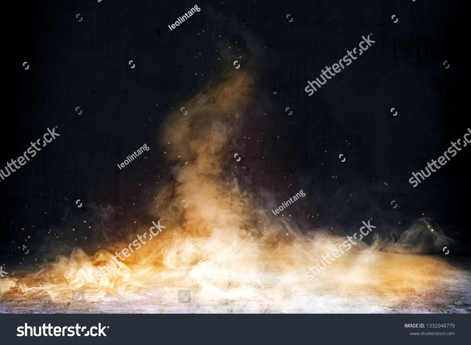 Room with concrete floor and smoke with fire sparks with dark wall background #1332048779