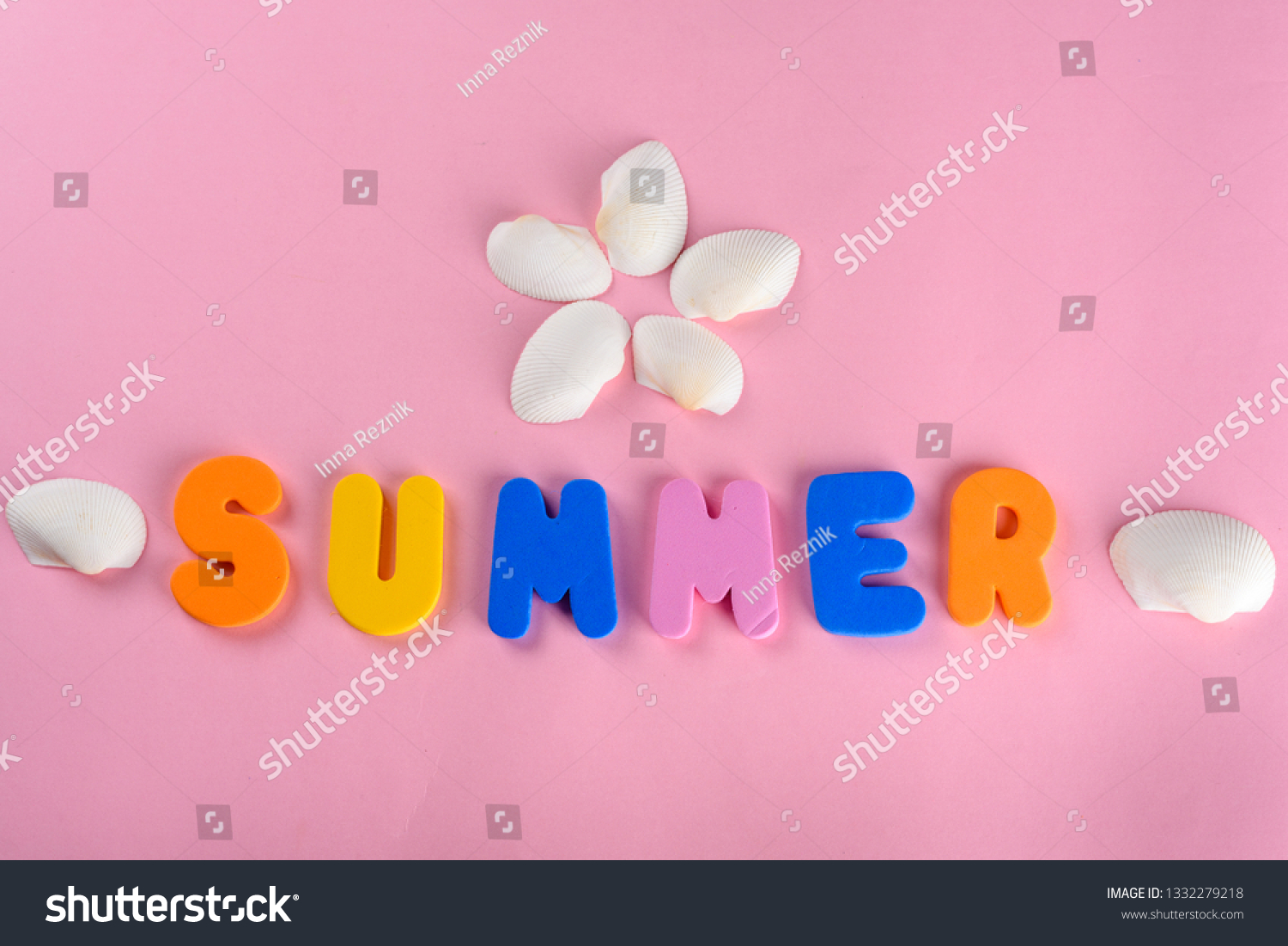 Word SUMMER letters and seashell or sea shell on pink textured background. Original idea from natural material for summer design. Flat lay. #1332279218