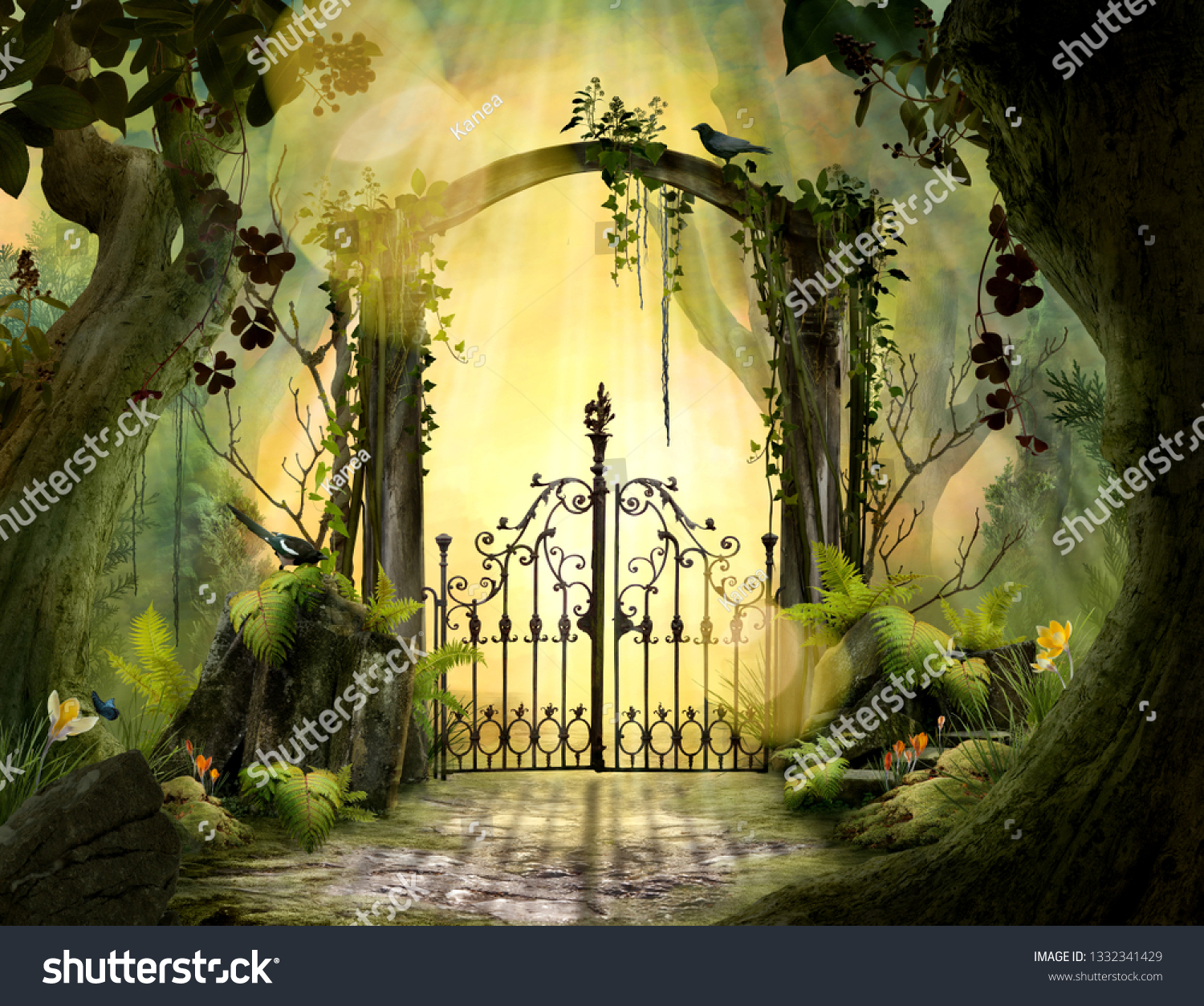 Archway in an enchanted garden Landscape with big old trees #1332341429