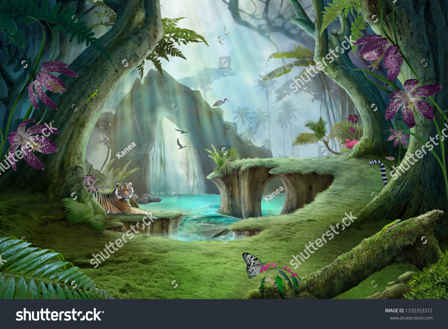 enchanted jungle lake landscape with tiger, can be used as wallpaper background #1332353372
