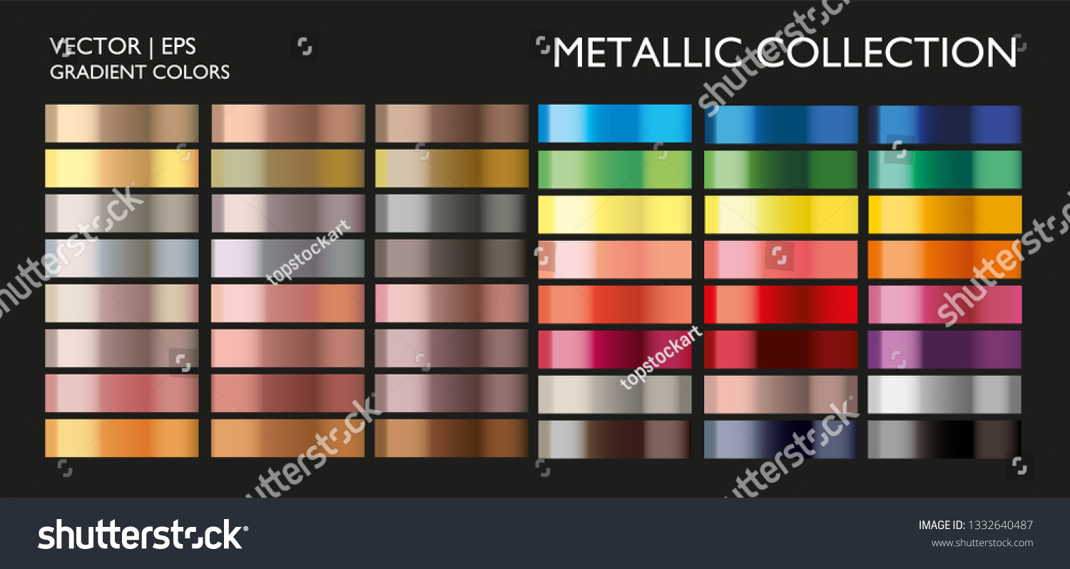 Metal gradient. Color set. Metal color. Metallic gradient. Gold, silver, pearl, bronze palette. Color collection. Steel, iron, aluminium, tin. Holographic background template, screen, mobile, banner.  #1332640487